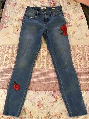PacSun Blue Skinny Jeans with Red Rose Patches